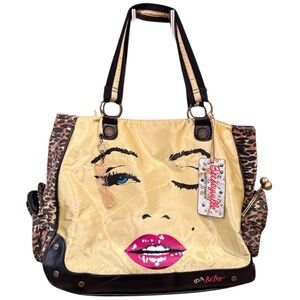 Rate Y2K Betsey Johnson Betseyville Gold Black Pink Tote Bag with Leopard Print